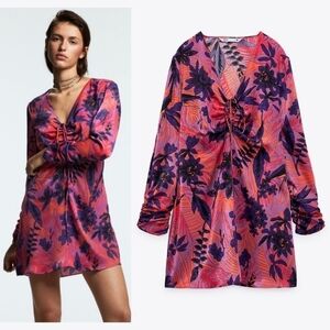 ZARA Vibrant Floral Long Sleeve Mini Dress, Ruched Sleeves, Tie Vneck Front, M
